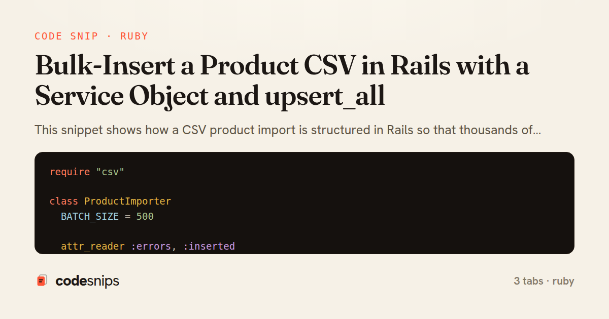 Bulk-Insert a Product CSV in Rails with a Service Object and upsert_all — share card