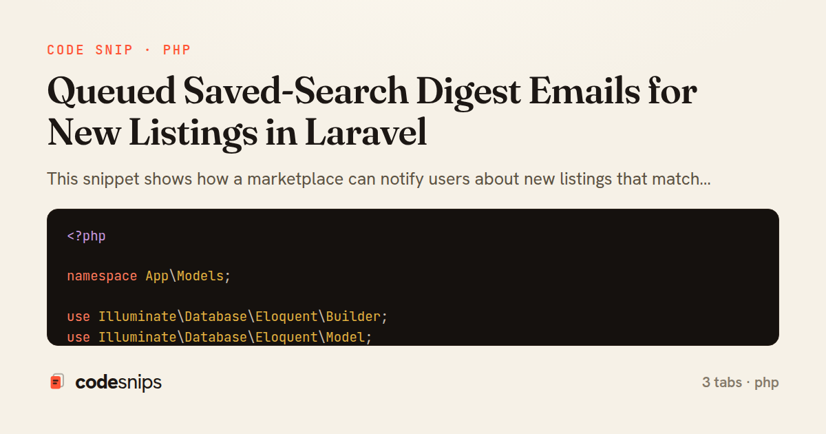Queued Saved-Search Digest Emails for New Listings in Laravel — share card