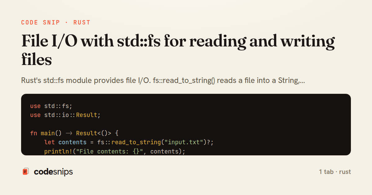 File I/O with std::fs for reading and writing files — share card