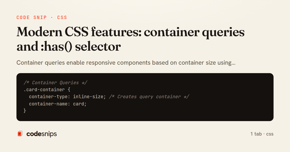 Modern CSS features: container queries and :has() selector — share card
