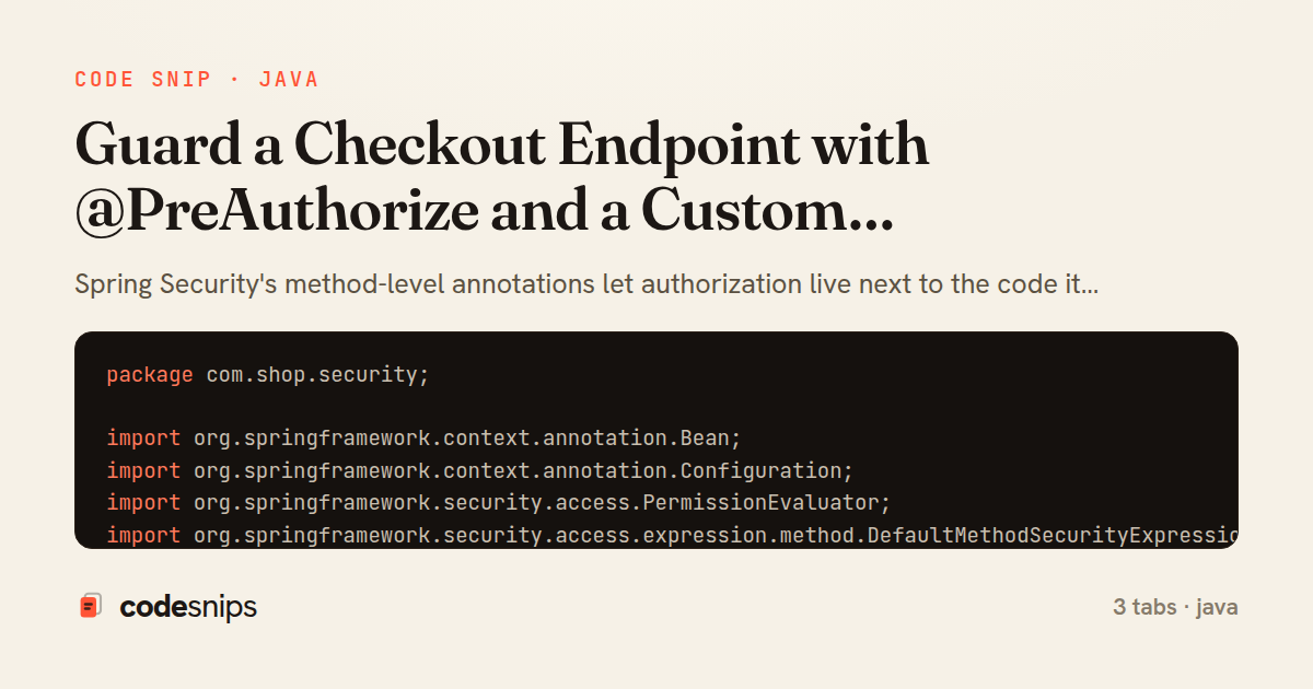 Guard a Checkout Endpoint with @PreAuthorize and a Custom PermissionEvaluator in Spring Boot — share card
