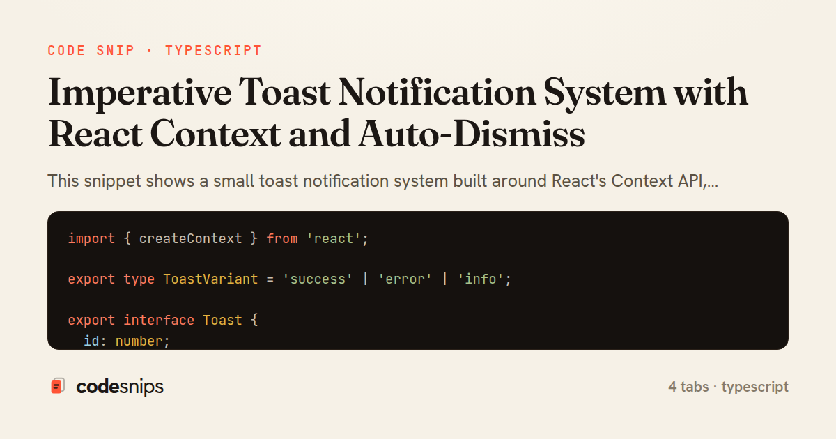 Imperative Toast Notification System with React Context and Auto-Dismiss — share card
