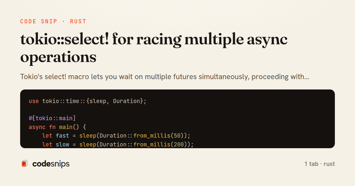 tokio::select! for racing multiple async operations — share card
