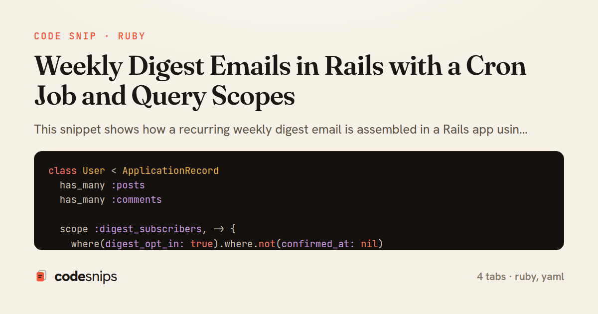 Weekly Digest Emails in Rails with a Cron Job and Query Scopes — share card