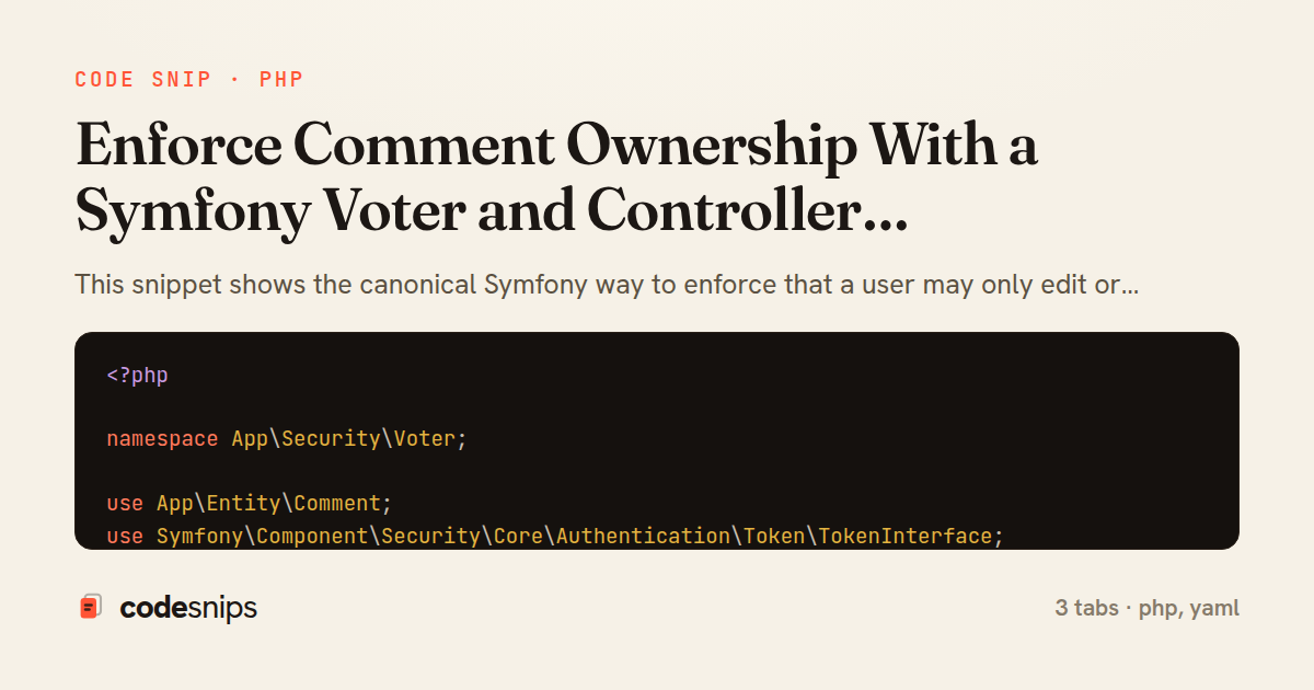 Enforce Comment Ownership With a Symfony Voter and Controller Authorization Check — share card