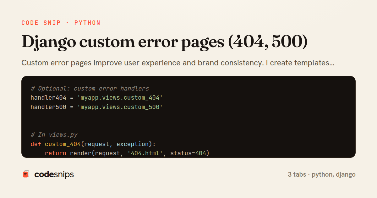 Django custom error pages (404, 500) — share card