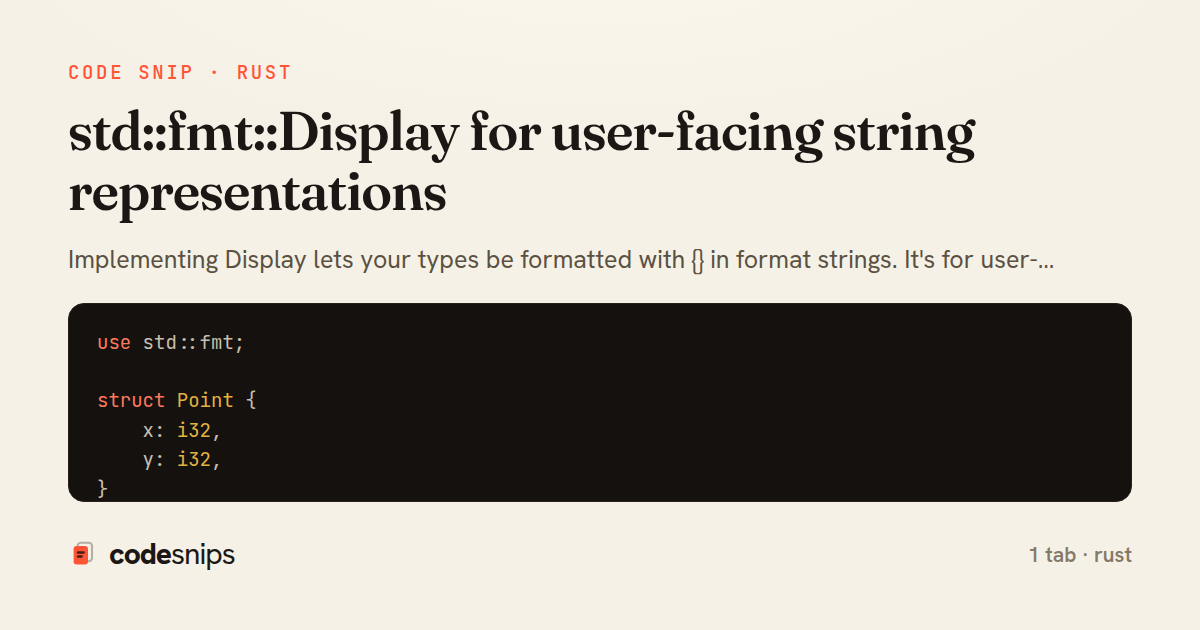 std::fmt::Display for user-facing string representations — share card