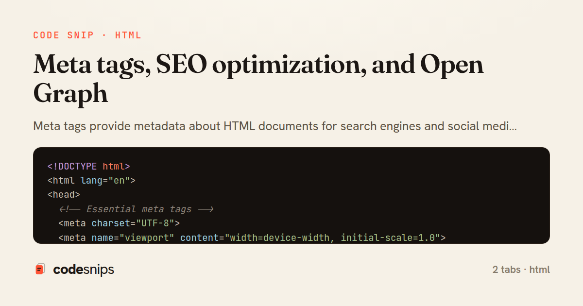Meta tags, SEO optimization, and Open Graph — share card