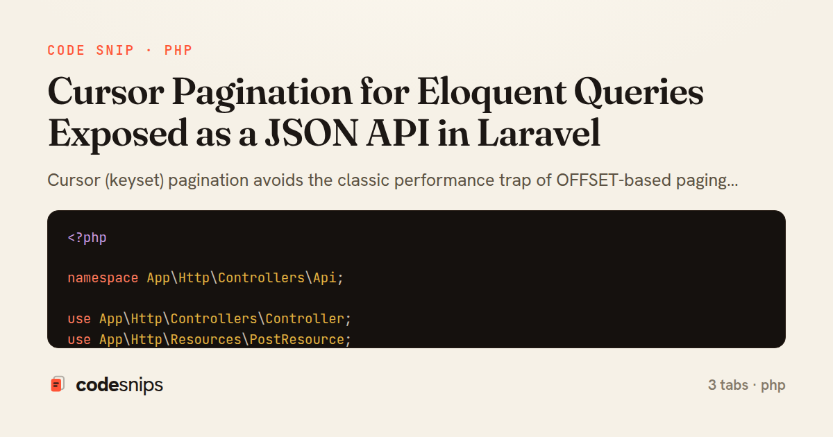 Cursor Pagination for Eloquent Queries Exposed as a JSON API in Laravel — share card