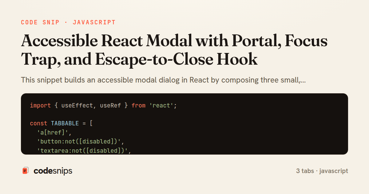 Accessible React Modal with Portal, Focus Trap, and Escape-to-Close Hook — share card
