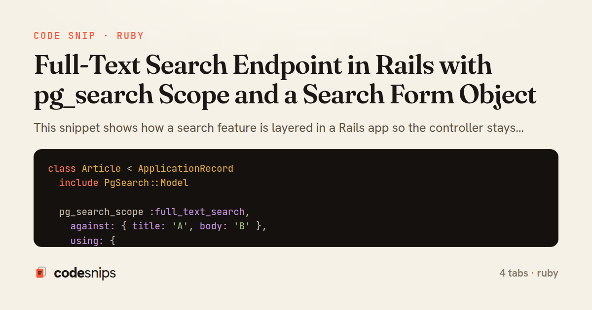 Full-Text Search Endpoint in Rails with pg_search Scope and a Search Form Object — share card