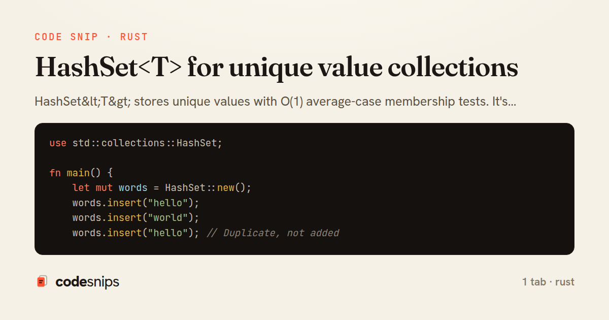 HashSet<T> for unique value collections — share card