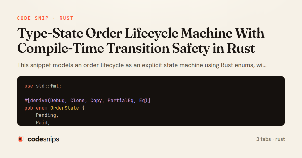 Type-State Order Lifecycle Machine With Compile-Time Transition Safety in Rust — share card