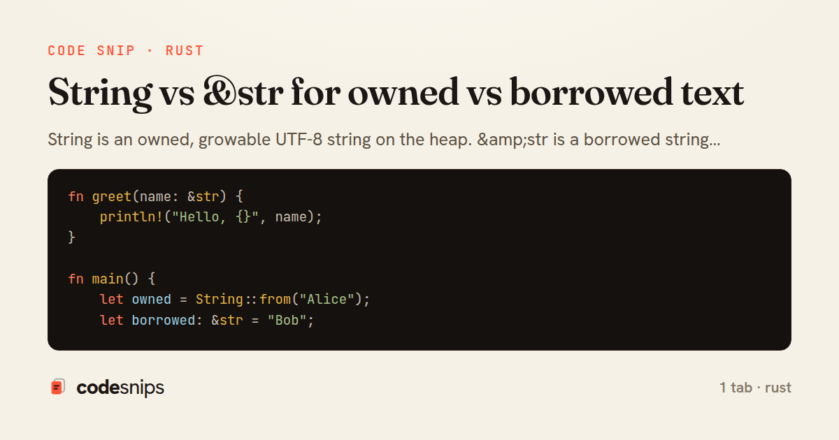 String vs &str for owned vs borrowed text — share card