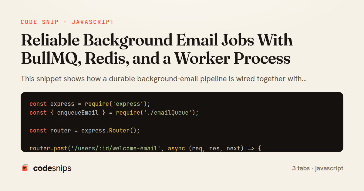 Reliable Background Email Jobs With BullMQ, Redis, and a Worker Process — share card