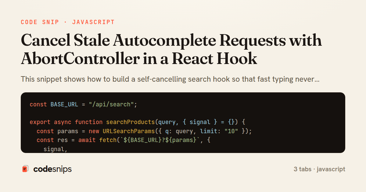 Cancel Stale Autocomplete Requests with AbortController in a React Hook — share card
