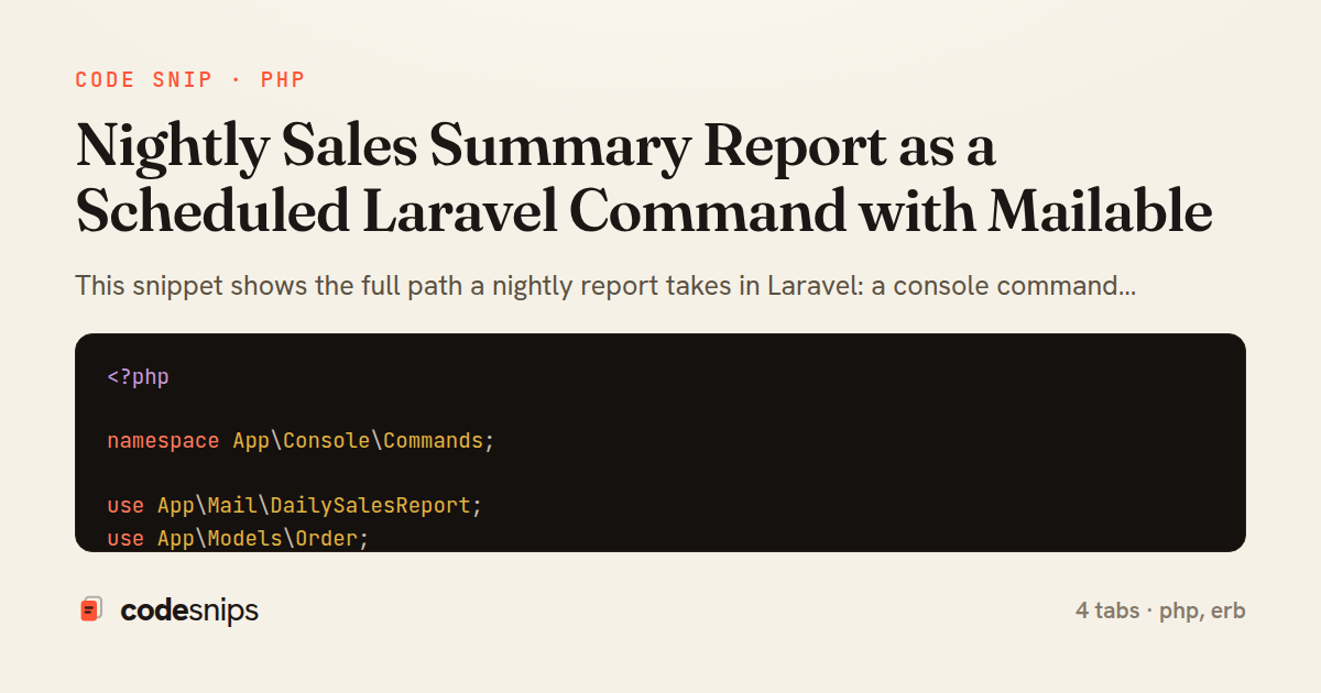 Nightly Sales Summary Report as a Scheduled Laravel Command with Mailable — share card