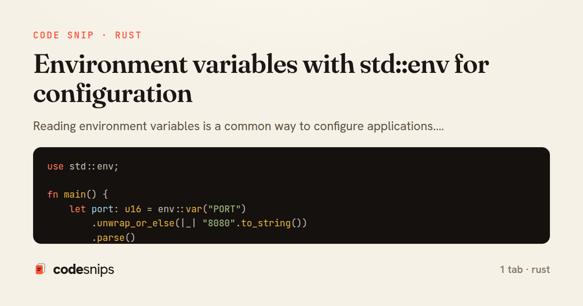 Environment variables with std::env for configuration — share card