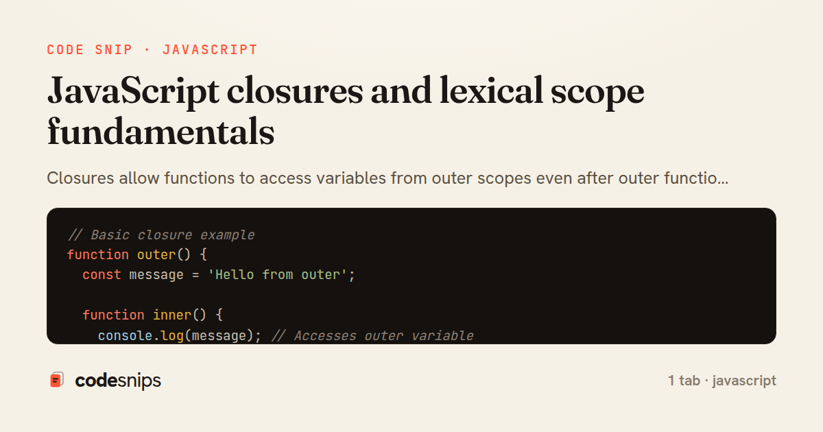 JavaScript closures and lexical scope fundamentals — share card