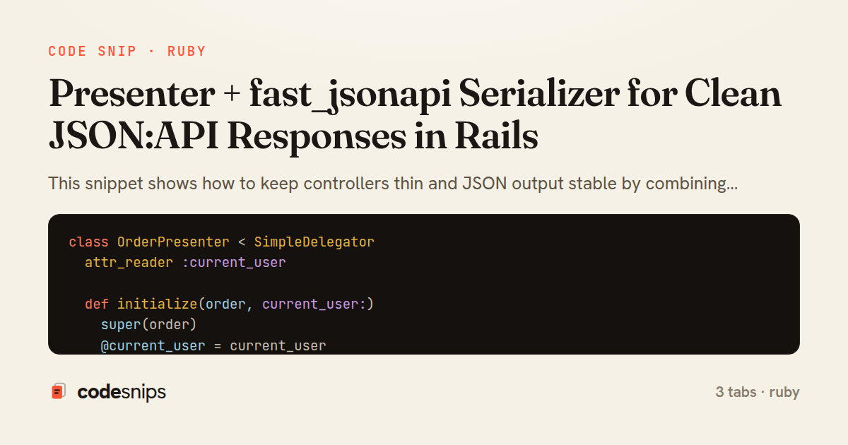 Presenter + fast_jsonapi Serializer for Clean JSON:API Responses in Rails — share card