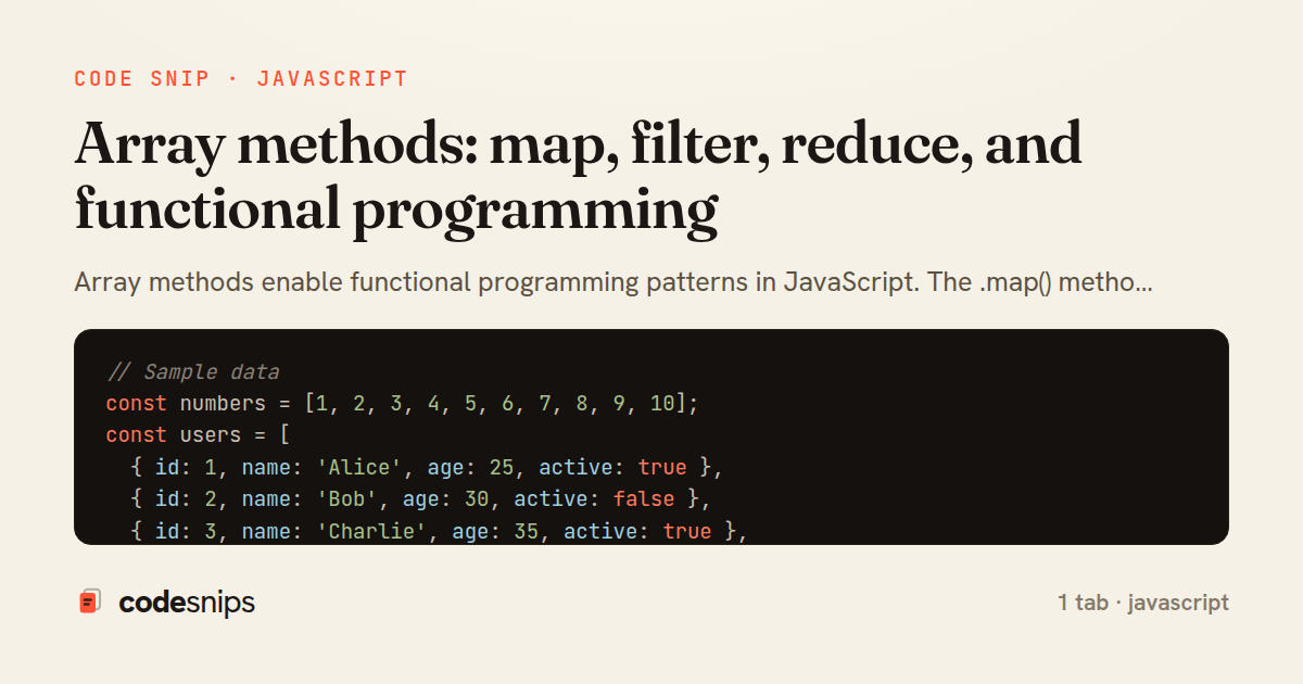 Array methods: map, filter, reduce, and functional programming — share card