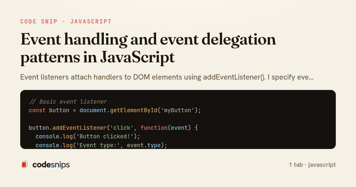 Event handling and event delegation patterns in JavaScript — share card