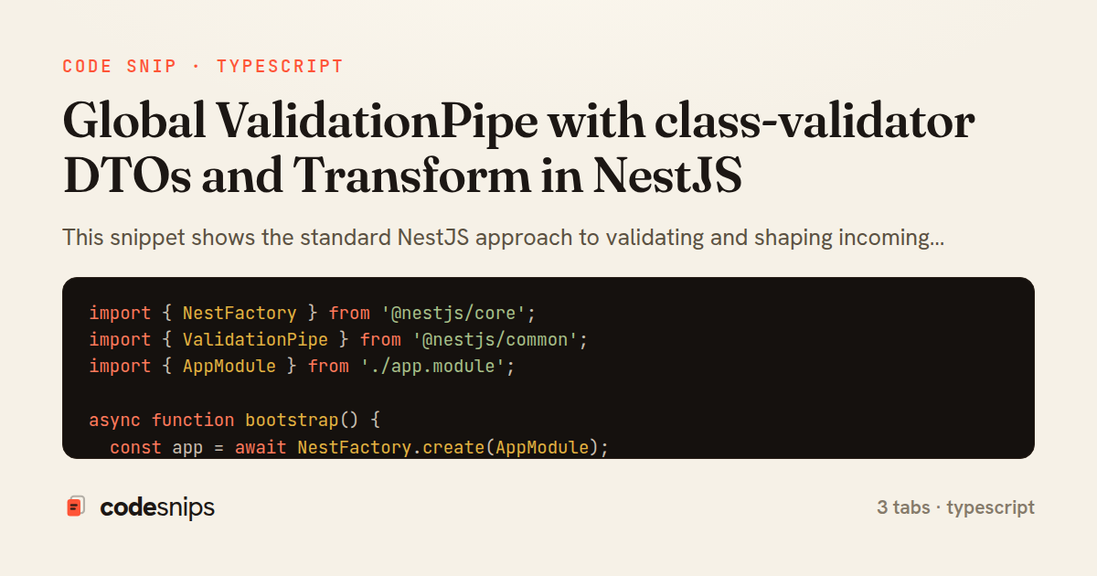Global ValidationPipe with class-validator DTOs and Transform in NestJS — share card