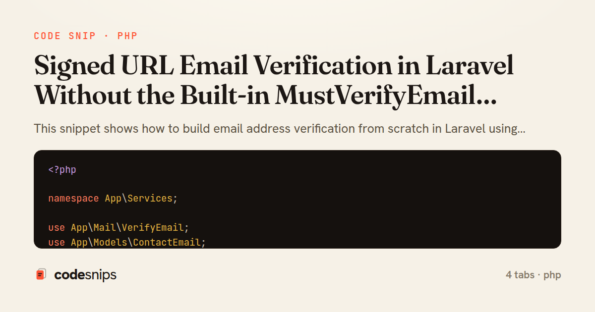 Signed URL Email Verification in Laravel Without the Built-in MustVerifyEmail Contract — share card