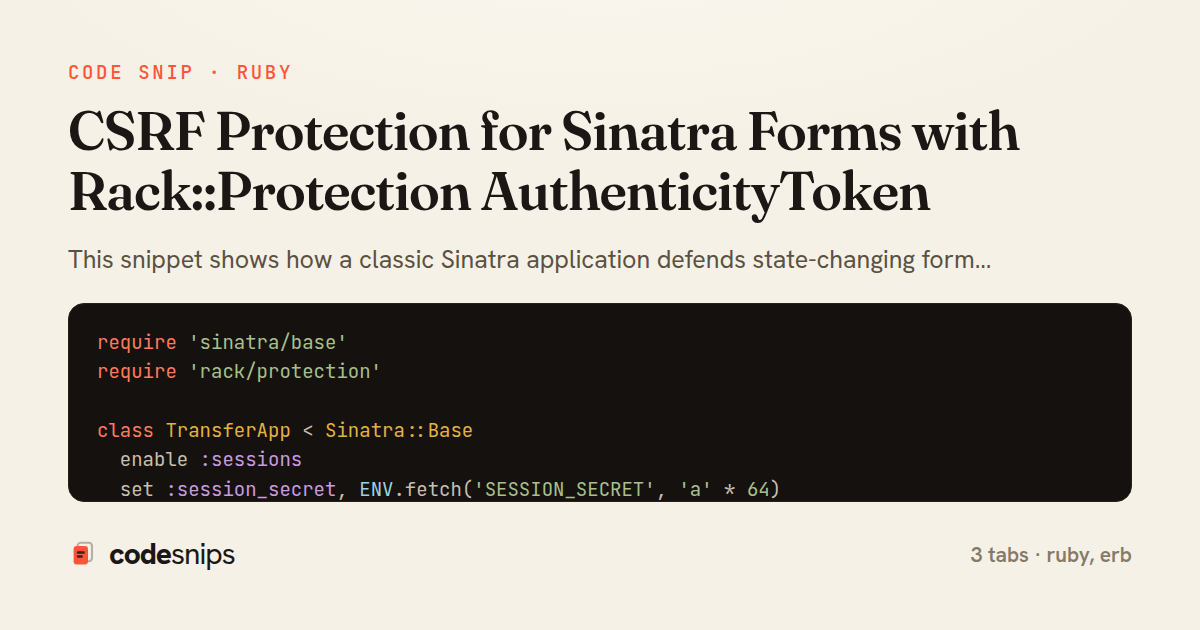 CSRF Protection for Sinatra Forms with Rack::Protection AuthenticityToken — share card