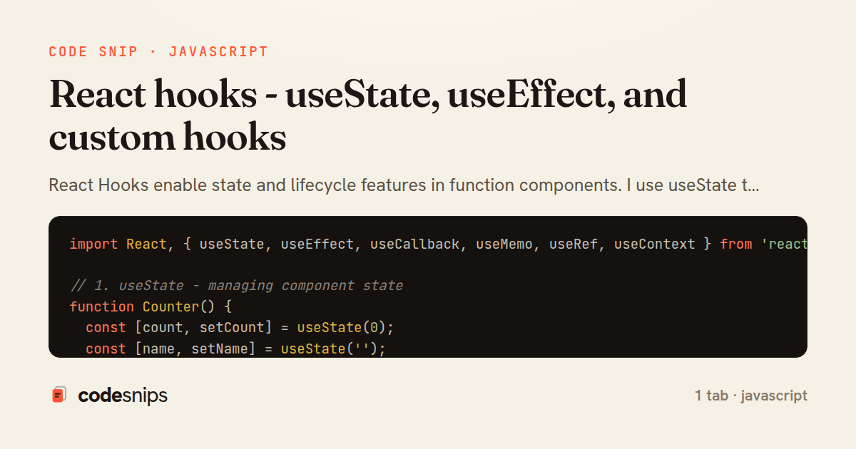 React hooks - useState, useEffect, and custom hooks — share card