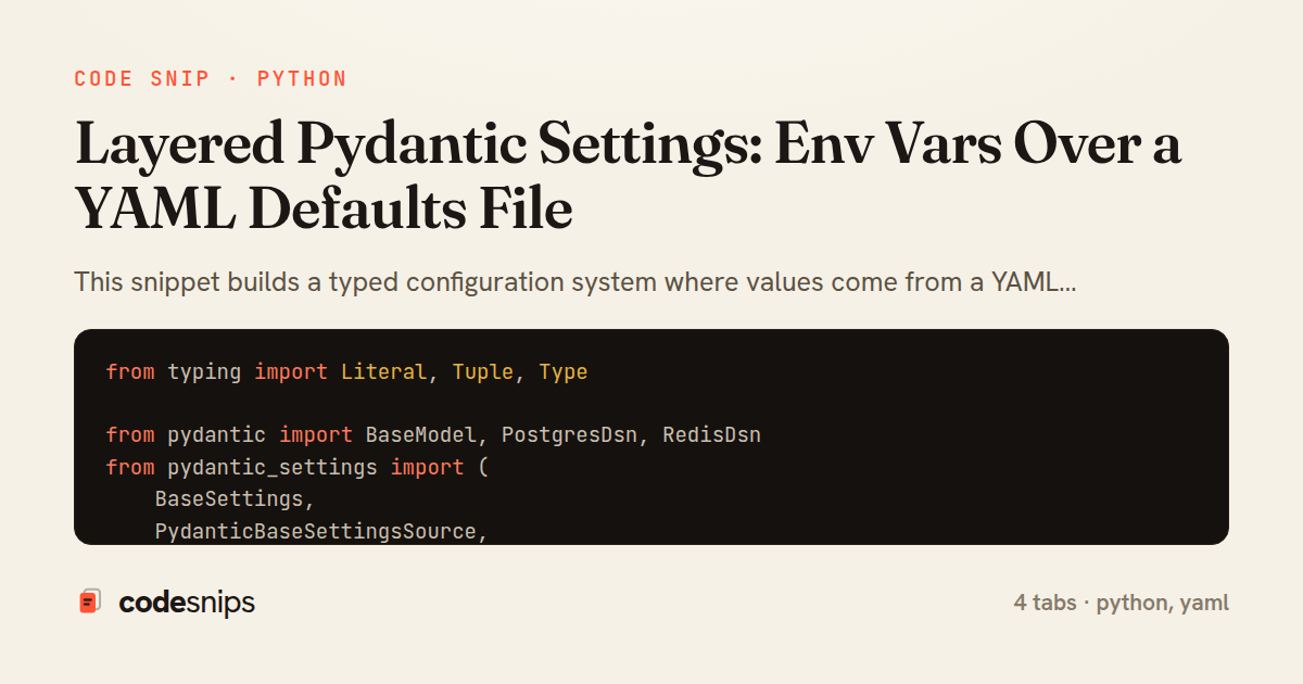 Layered Pydantic Settings: Env Vars Over a YAML Defaults File — share card