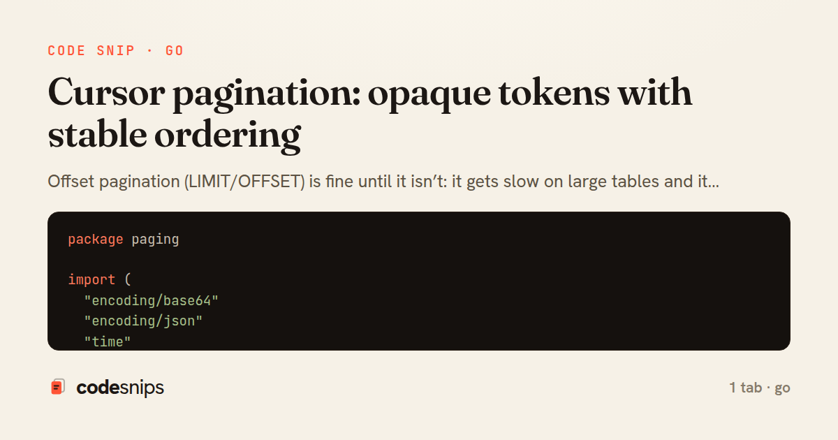 Cursor pagination: opaque tokens with stable ordering — share card