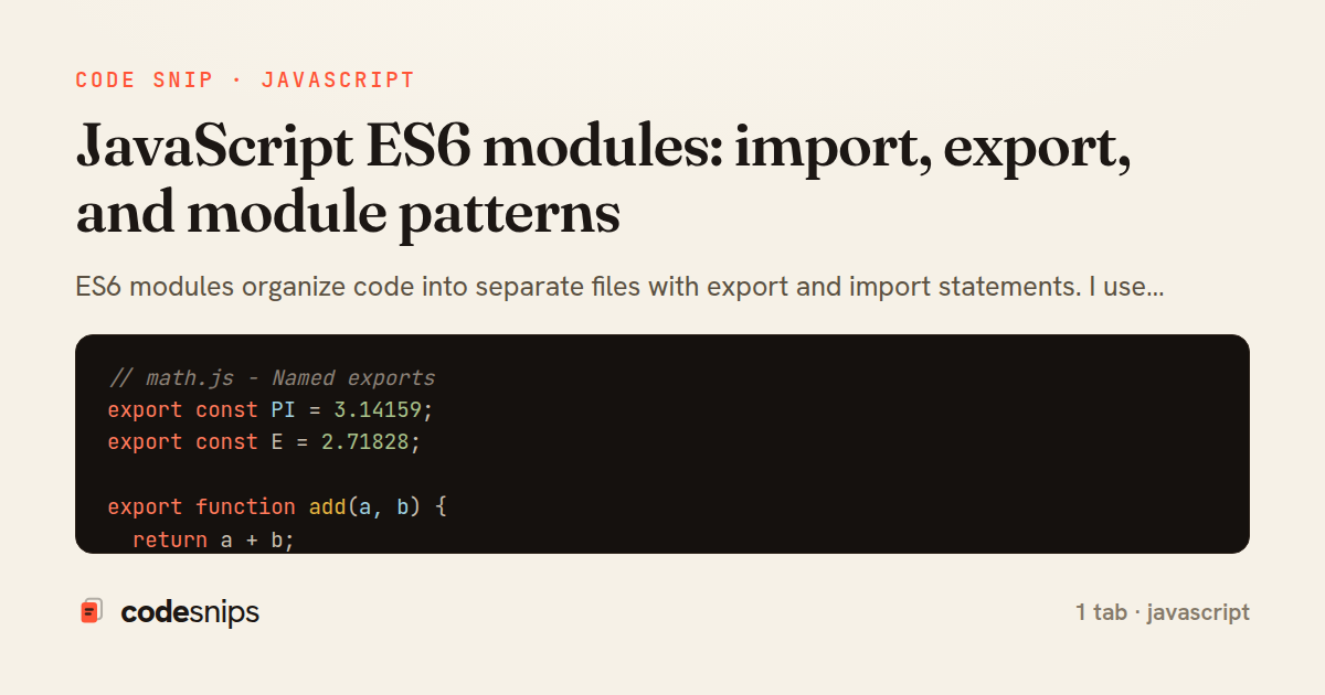 JavaScript ES6 modules: import, export, and module patterns — share card