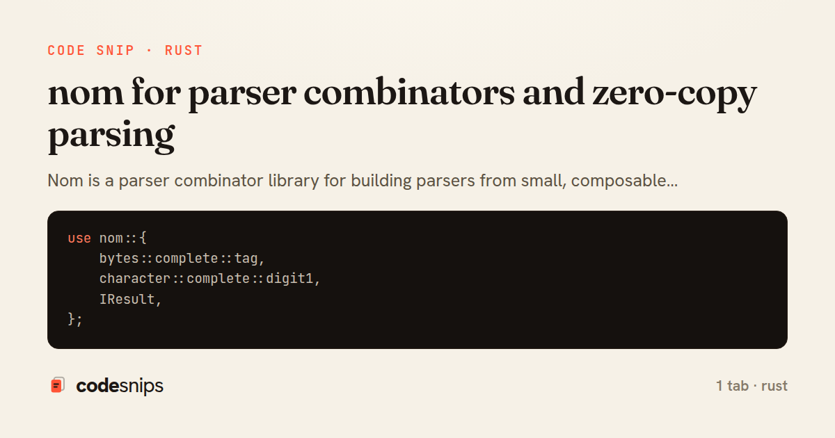 nom for parser combinators and zero-copy parsing — share card