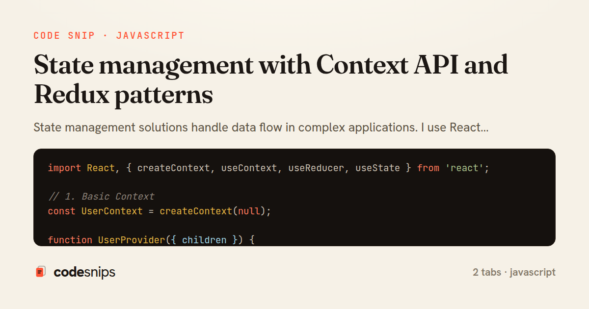 State management with Context API and Redux patterns — share card