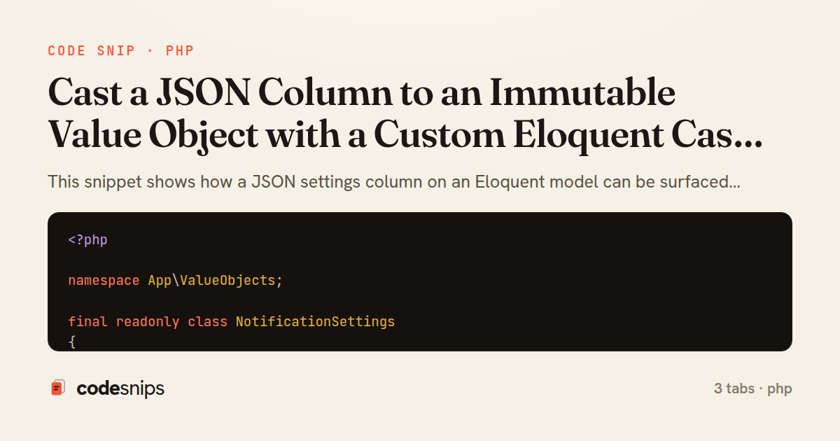 Cast a JSON Column to an Immutable Value Object with a Custom Eloquent Cast in Laravel — share card