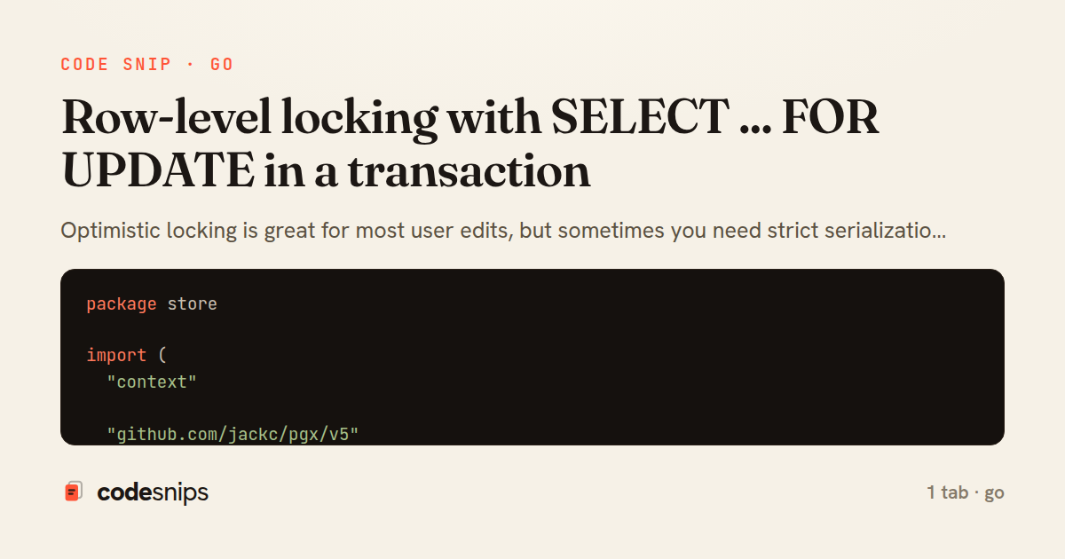Row-level locking with SELECT ... FOR UPDATE in a transaction — share card