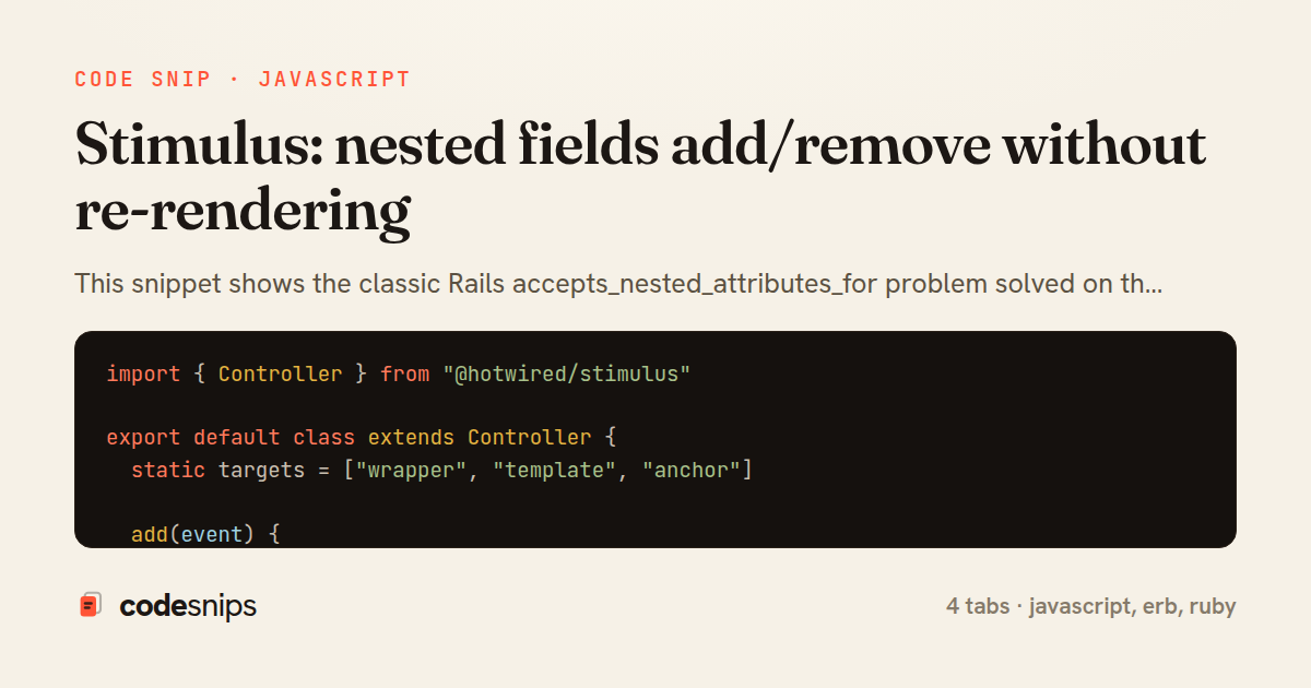 Stimulus: nested fields add/remove without re-rendering — share card