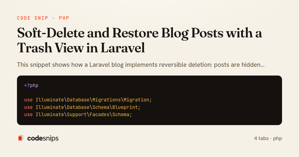Soft-Delete and Restore Blog Posts with a Trash View in Laravel — share card