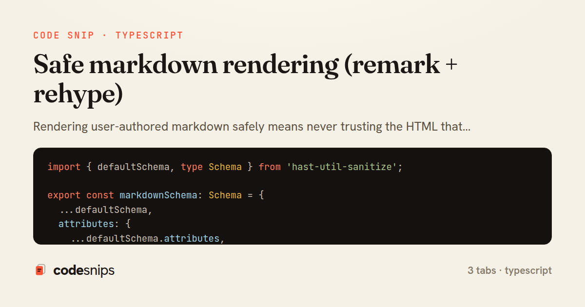 Safe markdown rendering (remark + rehype) — share card
