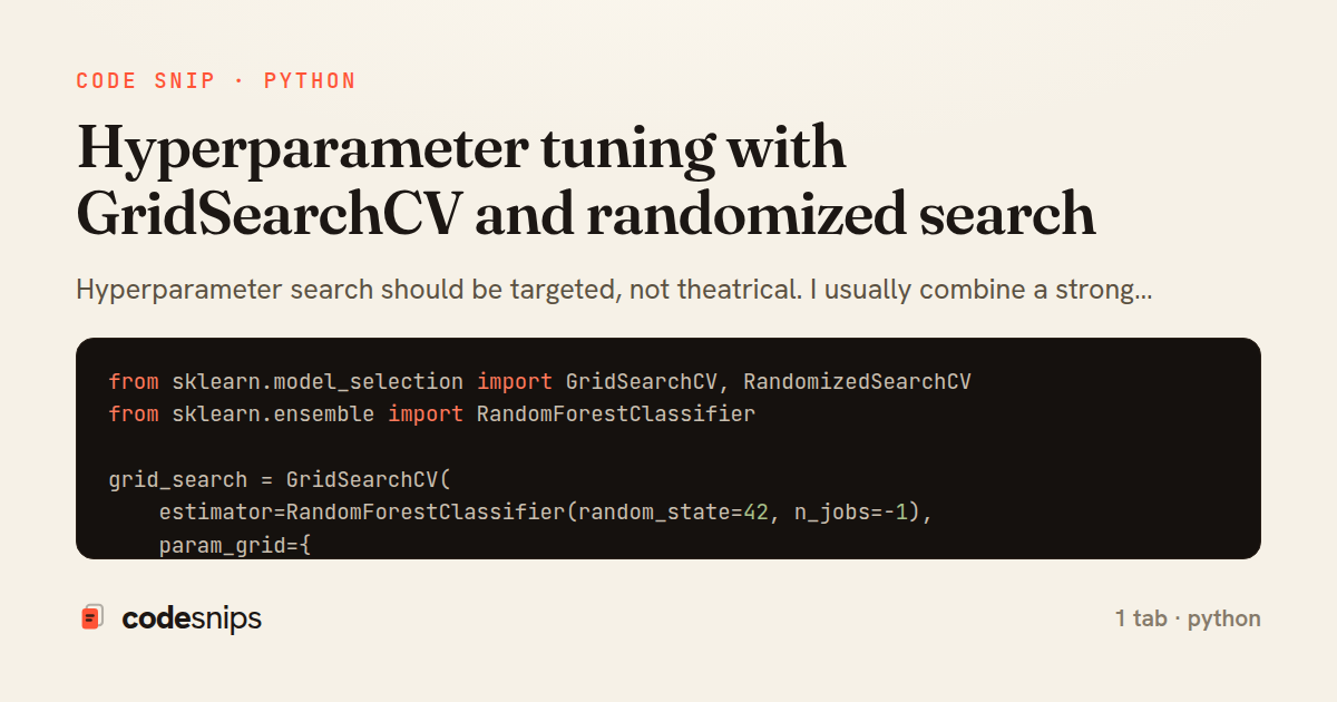Hyperparameter tuning with GridSearchCV and randomized search — share card