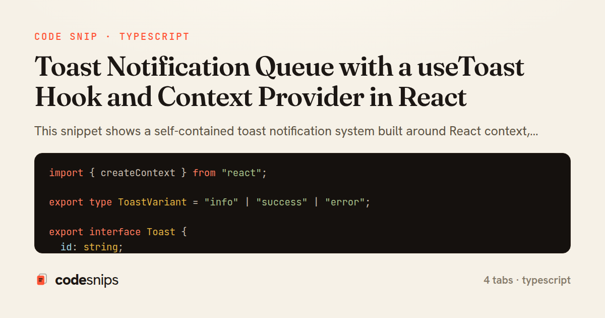 Toast Notification Queue with a useToast Hook and Context Provider in React — share card