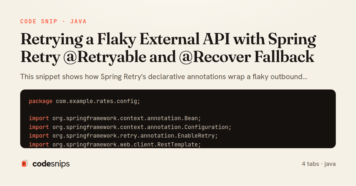 Retrying a Flaky External API with Spring Retry @Retryable and @Recover Fallback — share card