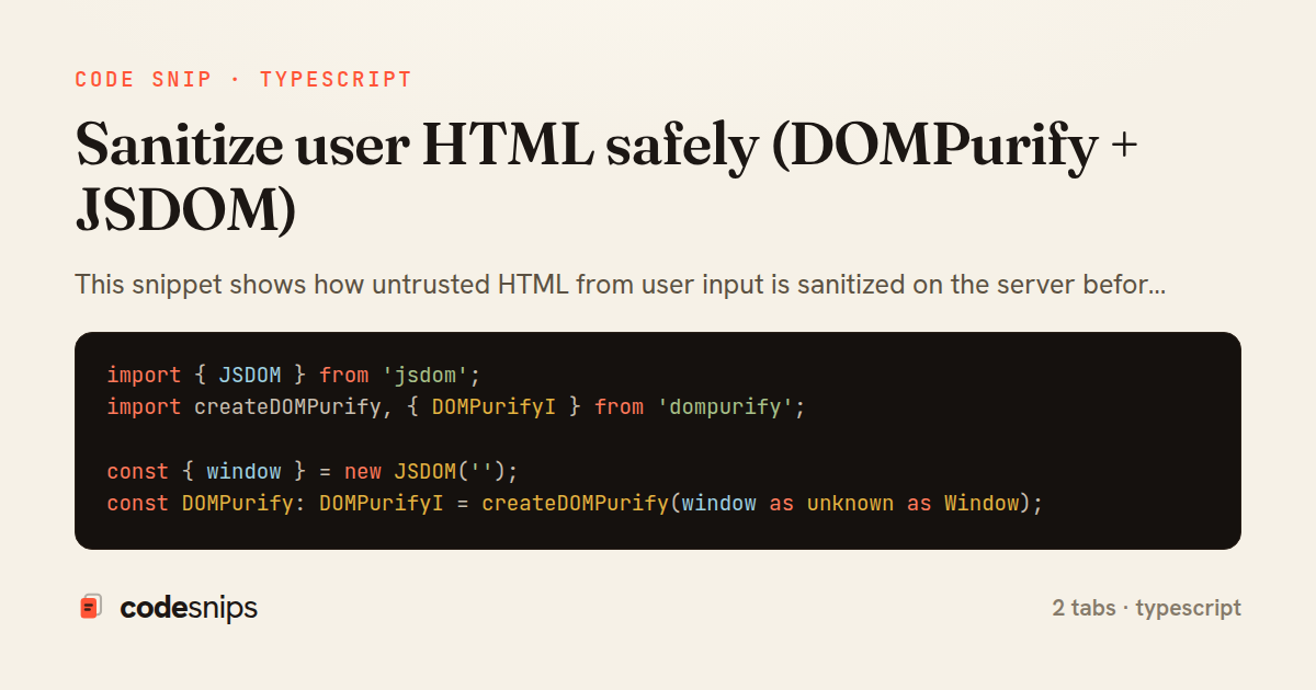 Sanitize user HTML safely (DOMPurify + JSDOM) — share card