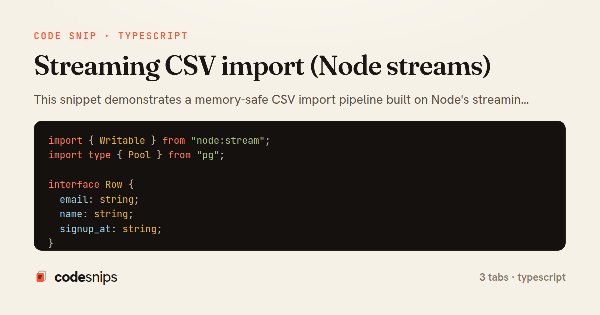 Streaming CSV import (Node streams) — share card