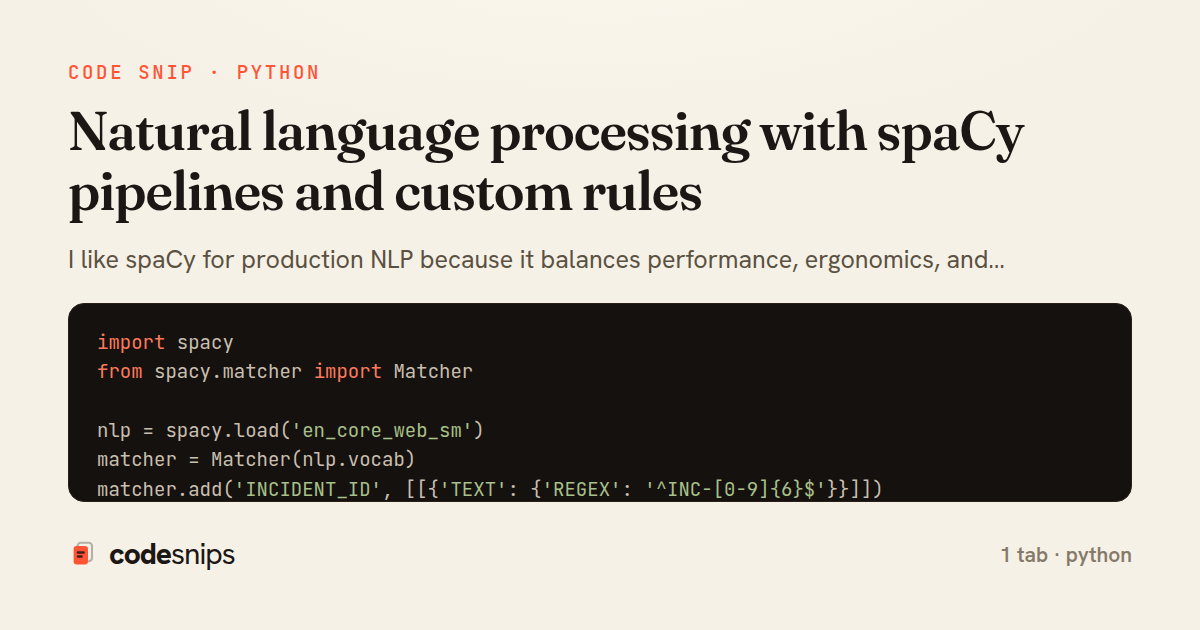Natural language processing with spaCy pipelines and custom rules — share card