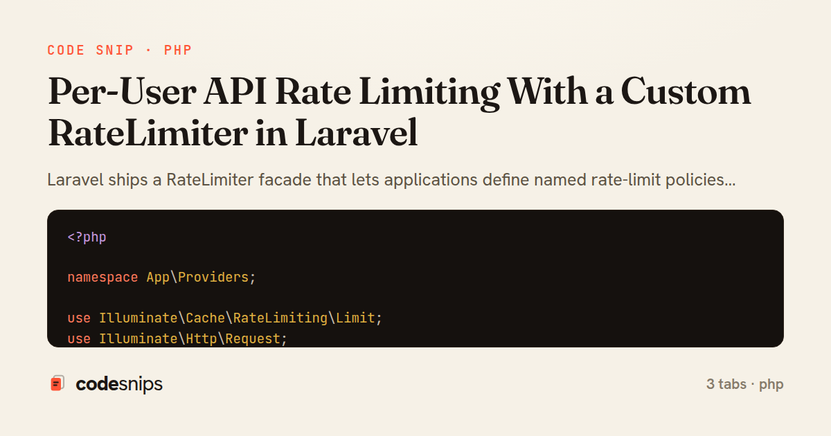 Per-User API Rate Limiting With a Custom RateLimiter in Laravel — share card
