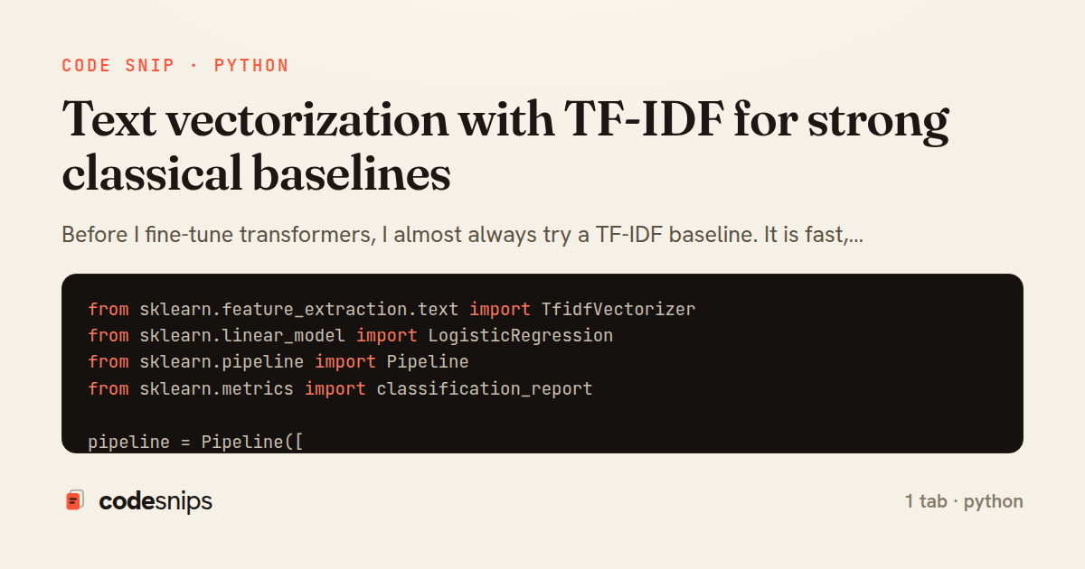Text vectorization with TF-IDF for strong classical baselines — share card