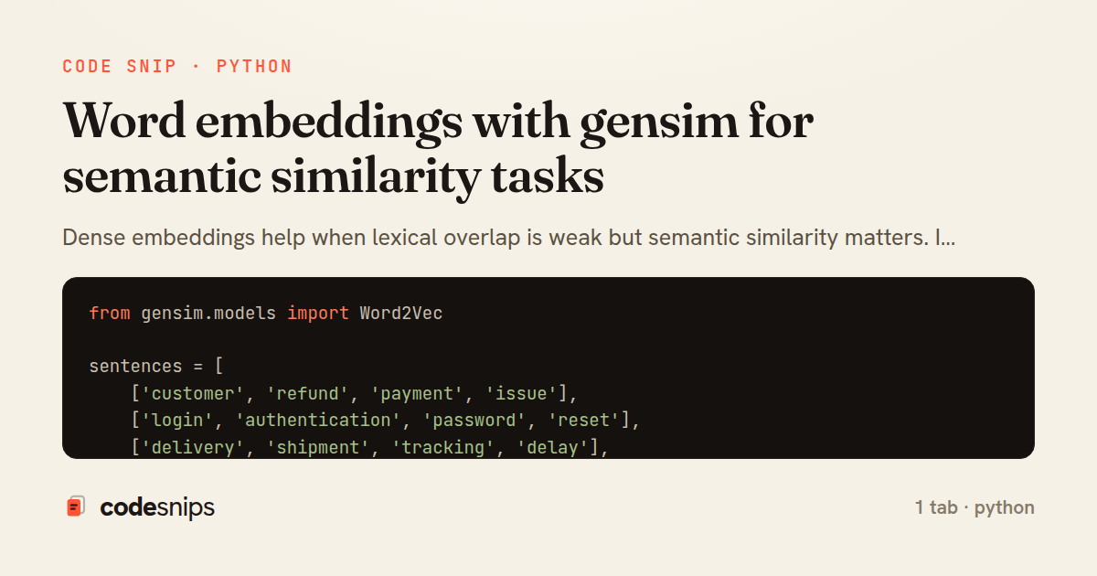 Word embeddings with gensim for semantic similarity tasks — share card