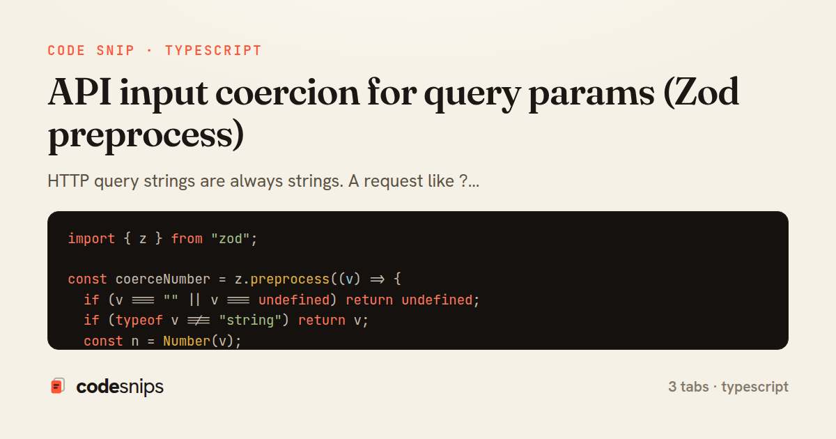 API input coercion for query params (Zod preprocess) — share card